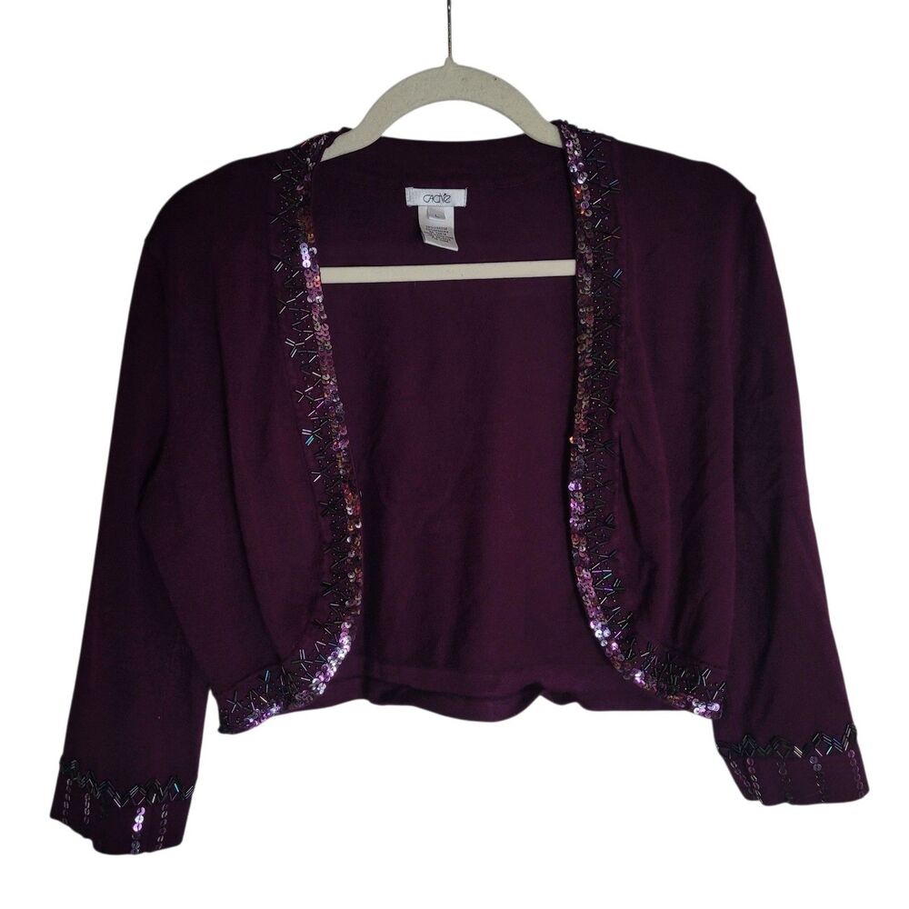 Cache Beaded Sequin Cardigan Sweater Women's Large L Purple Cropped Y2K Vintage